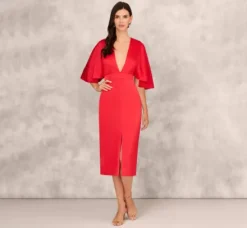 Adrianna Papell Wedding Guest Dresses|Petite-Friendly*Crepe Back Satin Midi Dress With Flutter Sleeves In Chateau Red