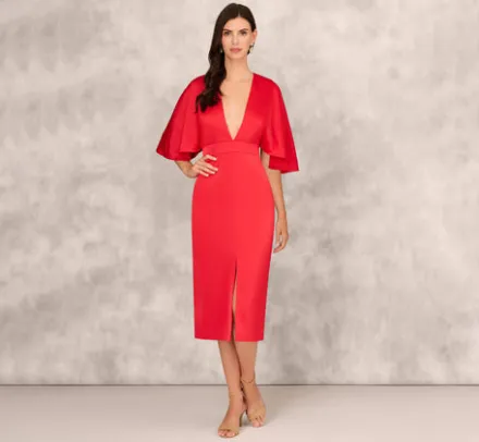 Adrianna Papell Wedding Guest Dresses|Petite-Friendly*Crepe Back Satin Midi Dress With Flutter Sleeves In Chateau Red