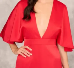 Adrianna Papell Wedding Guest Dresses|Petite-Friendly*Crepe Back Satin Midi Dress With Flutter Sleeves In Chateau Red