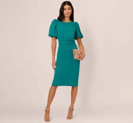 Adrianna Papell Wedding Guest Dresses|Day Dresses*Crepe Bubble Sleeve Belted Dress In Tempo Teal