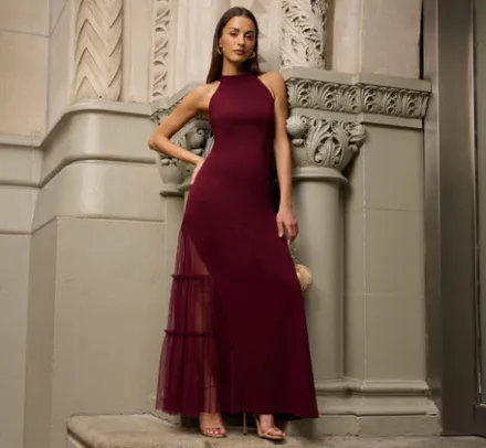 Adrianna Papell Wedding Guest Dresses|Formal Dresses*Crepe Halter Gown With Sheer Ruffled Mesh Skirt In Blackened Red