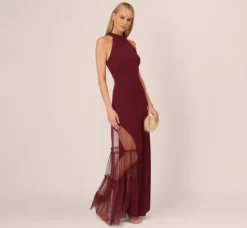 Adrianna Papell Wedding Guest Dresses|Formal Dresses*Crepe Halter Gown With Sheer Ruffled Mesh Skirt In Blackened Red