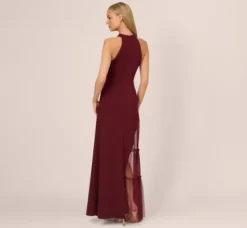 Adrianna Papell Wedding Guest Dresses|Formal Dresses*Crepe Halter Gown With Sheer Ruffled Mesh Skirt In Blackened Red