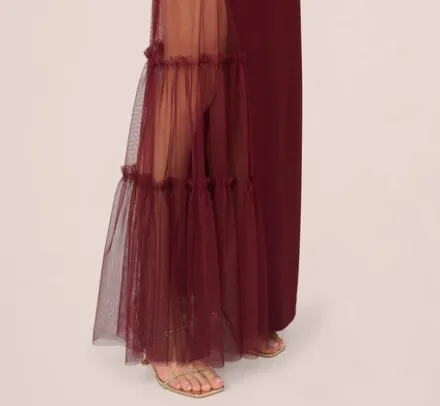 Adrianna Papell Wedding Guest Dresses|Formal Dresses*Crepe Halter Gown With Sheer Ruffled Mesh Skirt In Blackened Red