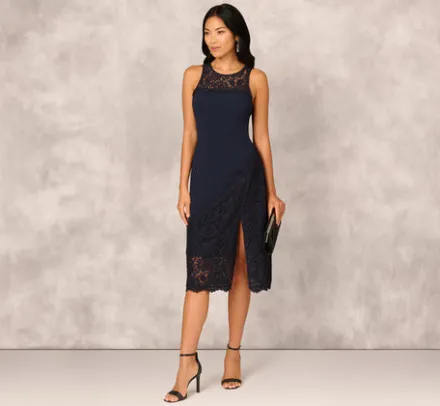 Adrianna Papell Wedding Guest Dresses|Petite-Friendly*Crepe Lace Midi Dress In