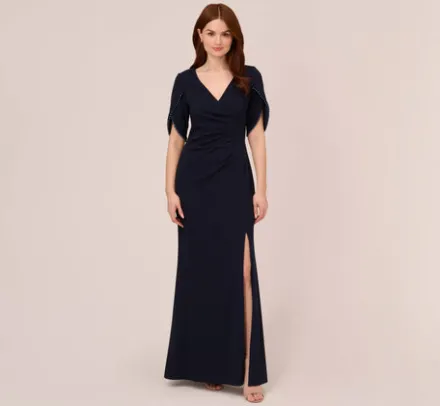 Adrianna Papell Wedding Guest Dresses|Formal Dresses*Crepe Mermaid Gown With Pearl Trim Short Sleeves In