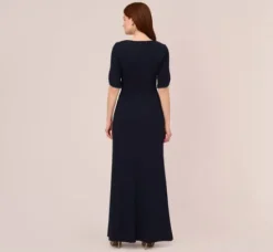 Adrianna Papell Wedding Guest Dresses|Formal Dresses*Crepe Mermaid Gown With Pearl Trim Short Sleeves In