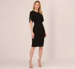 Adrianna Papell Wedding Guest Dresses|Day Dresses*Crepe Midi Length Sheath Dress With Pearl Trimmed Sleeves In
