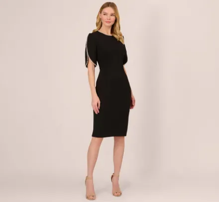 Adrianna Papell Wedding Guest Dresses|Day Dresses*Crepe Midi Length Sheath Dress With Pearl Trimmed Sleeves In