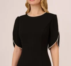 Adrianna Papell Wedding Guest Dresses|Day Dresses*Crepe Midi Length Sheath Dress With Pearl Trimmed Sleeves In