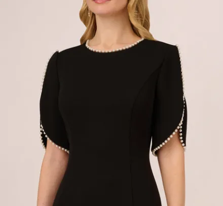 Adrianna Papell Wedding Guest Dresses|Day Dresses*Crepe Midi Length Sheath Dress With Pearl Trimmed Sleeves In