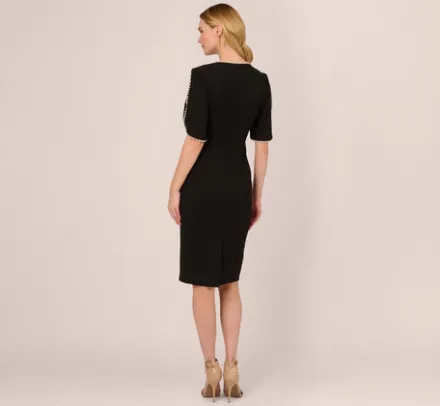 Adrianna Papell Wedding Guest Dresses|Day Dresses*Crepe Midi Length Sheath Dress With Pearl Trimmed Sleeves In