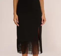 Adrianna Papell Wedding Guest Dresses|Petite-Friendly*Crepe Popover Midi Dress With Fringe Trim In