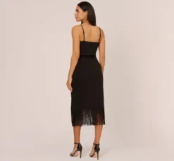 Adrianna Papell Wedding Guest Dresses|Petite-Friendly*Crepe Popover Midi Dress With Fringe Trim In