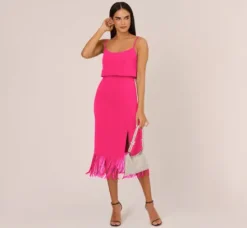Adrianna Papell Wedding Guest Dresses|Petite-Friendly*Crepe Popover Midi Dress With Fringe Trim In