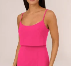Adrianna Papell Wedding Guest Dresses|Petite-Friendly*Crepe Popover Midi Dress With Fringe Trim In