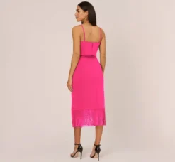 Adrianna Papell Wedding Guest Dresses|Petite-Friendly*Crepe Popover Midi Dress With Fringe Trim In