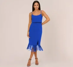 Adrianna Papell Wedding Guest Dresses|Petite-Friendly*Crepe Popover Midi Dress With Fringe Trim In Royal Sapphire