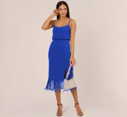 Adrianna Papell Wedding Guest Dresses|Petite-Friendly*Crepe Popover Midi Dress With Fringe Trim In Royal Sapphire