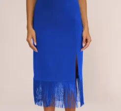 Adrianna Papell Wedding Guest Dresses|Petite-Friendly*Crepe Popover Midi Dress With Fringe Trim In Royal Sapphire