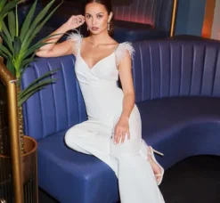 Adrianna Papell Jumpsuits*Crepe Wide Leg Jumpsuit With Bead And Feather Accents In