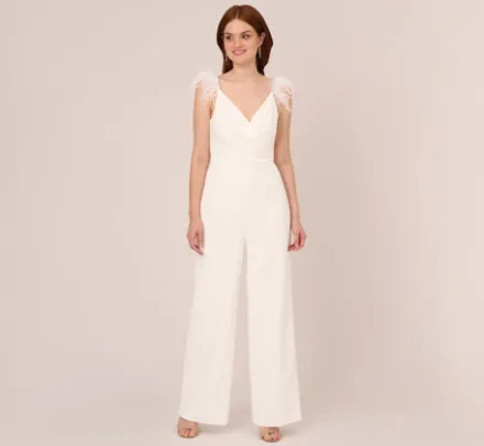 Adrianna Papell Jumpsuits*Crepe Wide Leg Jumpsuit With Bead And Feather Accents In