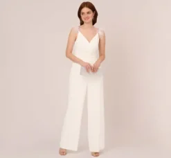Adrianna Papell Jumpsuits*Crepe Wide Leg Jumpsuit With Bead And Feather Accents In