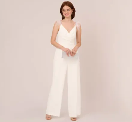 Adrianna Papell Jumpsuits*Crepe Wide Leg Jumpsuit With Bead And Feather Accents In