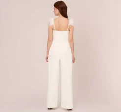 Adrianna Papell Jumpsuits*Crepe Wide Leg Jumpsuit With Bead And Feather Accents In