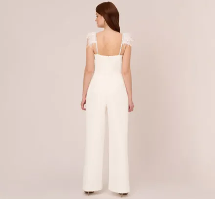 Adrianna Papell Jumpsuits*Crepe Wide Leg Jumpsuit With Bead And Feather Accents In