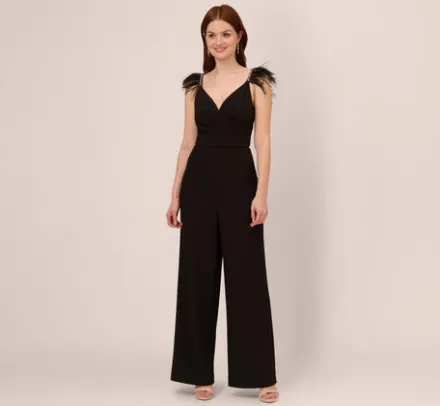Adrianna Papell Jumpsuits*Crepe Wide Leg Jumpsuit With Bead And Feather Accents In
