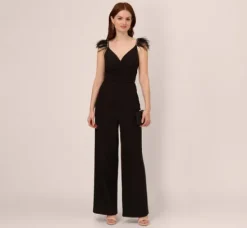 Adrianna Papell Jumpsuits*Crepe Wide Leg Jumpsuit With Bead And Feather Accents In