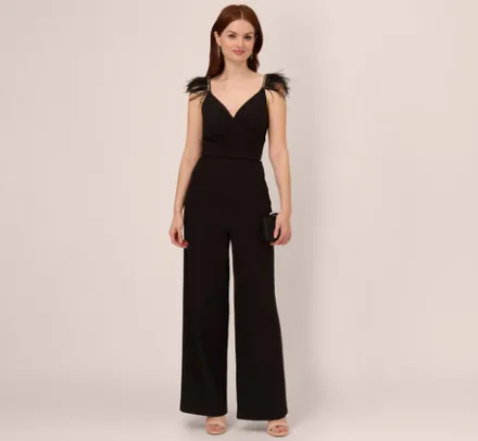Adrianna Papell Jumpsuits*Crepe Wide Leg Jumpsuit With Bead And Feather Accents In