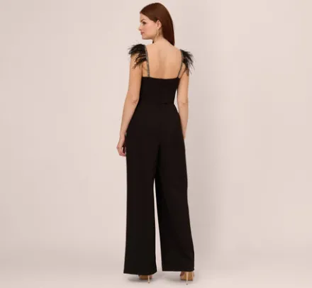 Adrianna Papell Jumpsuits*Crepe Wide Leg Jumpsuit With Bead And Feather Accents In