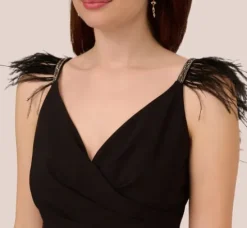Adrianna Papell Jumpsuits*Crepe Wide Leg Jumpsuit With Bead And Feather Accents In