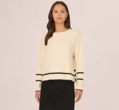 Adrianna Papell Tops & Blouses|Sweaters*Crew Neck Pullover Sweater With Tipped Details In Cream Black