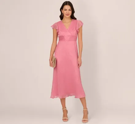 Adrianna Papell Wedding Guest Dresses|Day Dresses*Crinkle Mesh Midi Dress With Flutter Sleeves In Faded Rose