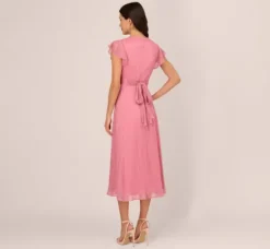 Adrianna Papell Wedding Guest Dresses|Day Dresses*Crinkle Mesh Midi Dress With Flutter Sleeves In Faded Rose