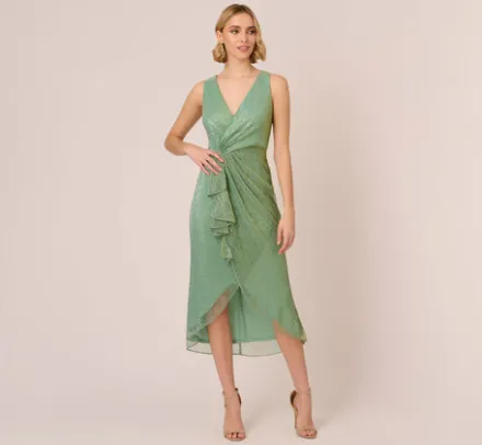Adrianna Papell Wedding Guest Dresses|Day Dresses*Crinkle Metallic Faux Wrap Dress With Draped Detail In Green Slate