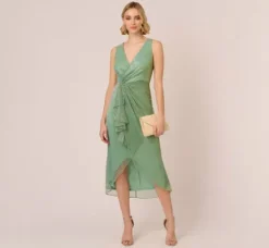Adrianna Papell Wedding Guest Dresses|Day Dresses*Crinkle Metallic Faux Wrap Dress With Draped Detail In Green Slate