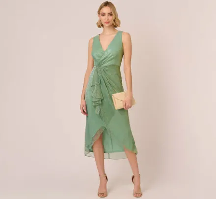 Adrianna Papell Wedding Guest Dresses|Day Dresses*Crinkle Metallic Faux Wrap Dress With Draped Detail In Green Slate