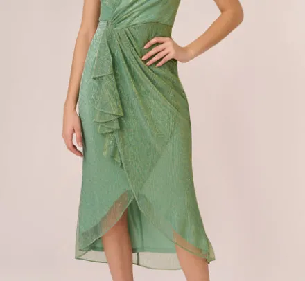 Adrianna Papell Wedding Guest Dresses|Day Dresses*Crinkle Metallic Faux Wrap Dress With Draped Detail In Green Slate