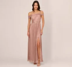 Adrianna Papell Wedding Guest Dresses|Formal Dresses*Crinkle Metallic Gown With Asymmetrical Neckline In Petal Gold