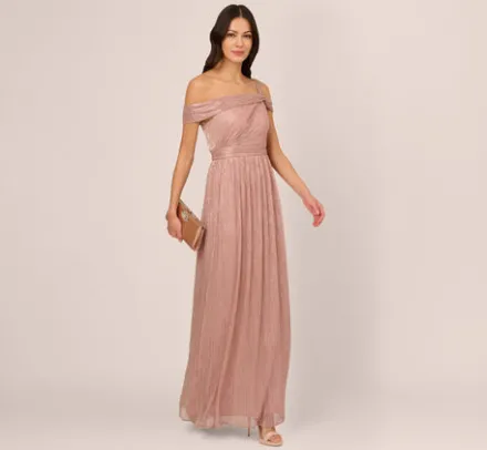 Adrianna Papell Wedding Guest Dresses|Formal Dresses*Crinkle Metallic Gown With Asymmetrical Neckline In Petal Gold