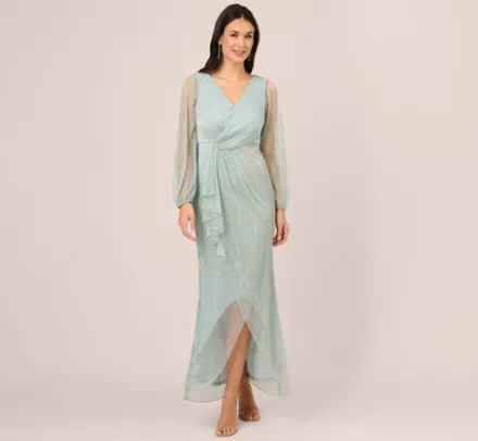 Adrianna Papell Wedding Guest Dresses|Formal Dresses*Crinkle Metallic Gown With Sheer Bishop Sleeves And Draped Details In Mint Smoke