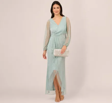 Adrianna Papell Wedding Guest Dresses|Formal Dresses*Crinkle Metallic Gown With Sheer Bishop Sleeves And Draped Details In Mint Smoke