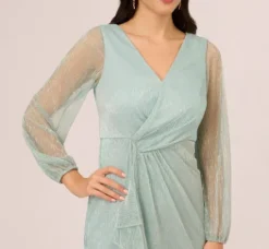 Adrianna Papell Wedding Guest Dresses|Formal Dresses*Crinkle Metallic Gown With Sheer Bishop Sleeves And Draped Details In Mint Smoke