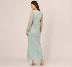 Adrianna Papell Wedding Guest Dresses|Formal Dresses*Crinkle Metallic Gown With Sheer Bishop Sleeves And Draped Details In Mint Smoke