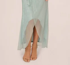 Adrianna Papell Wedding Guest Dresses|Formal Dresses*Crinkle Metallic Gown With Sheer Bishop Sleeves And Draped Details In Mint Smoke