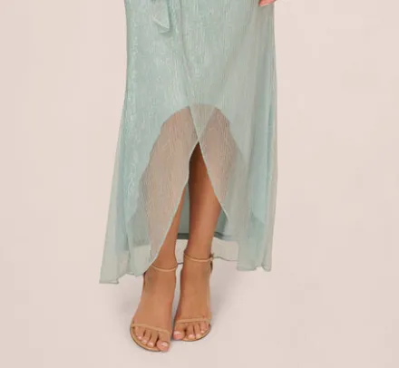 Adrianna Papell Wedding Guest Dresses|Formal Dresses*Crinkle Metallic Gown With Sheer Bishop Sleeves And Draped Details In Mint Smoke